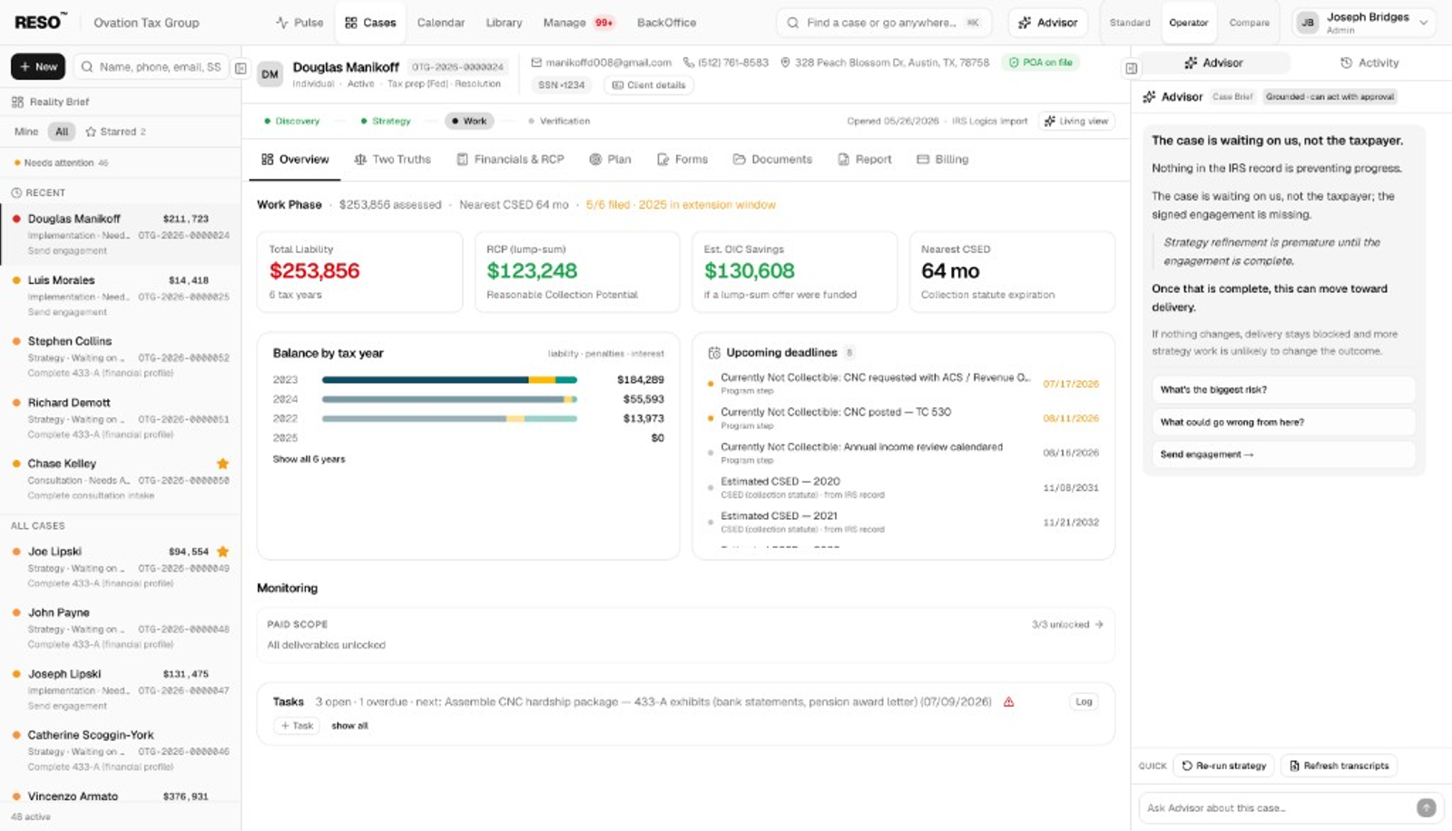 Operator View — multi-pane workspace with liability summary and Advisor rail